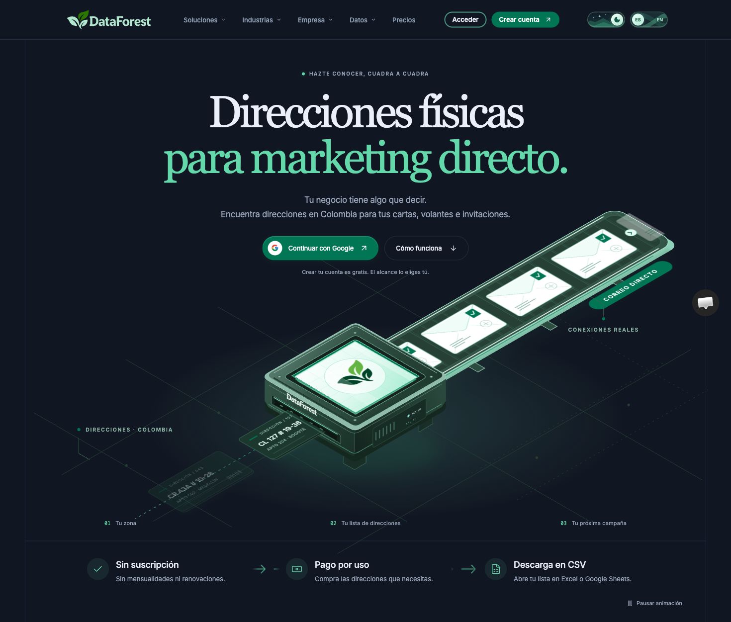 DataForest.io landing-page hero featuring direct-mail address data for Colombia